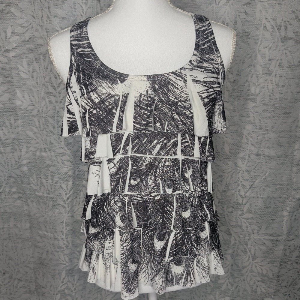 Twentyone Black White Abstract Peacock Feather Tiered Ruffle Racerback Tank M